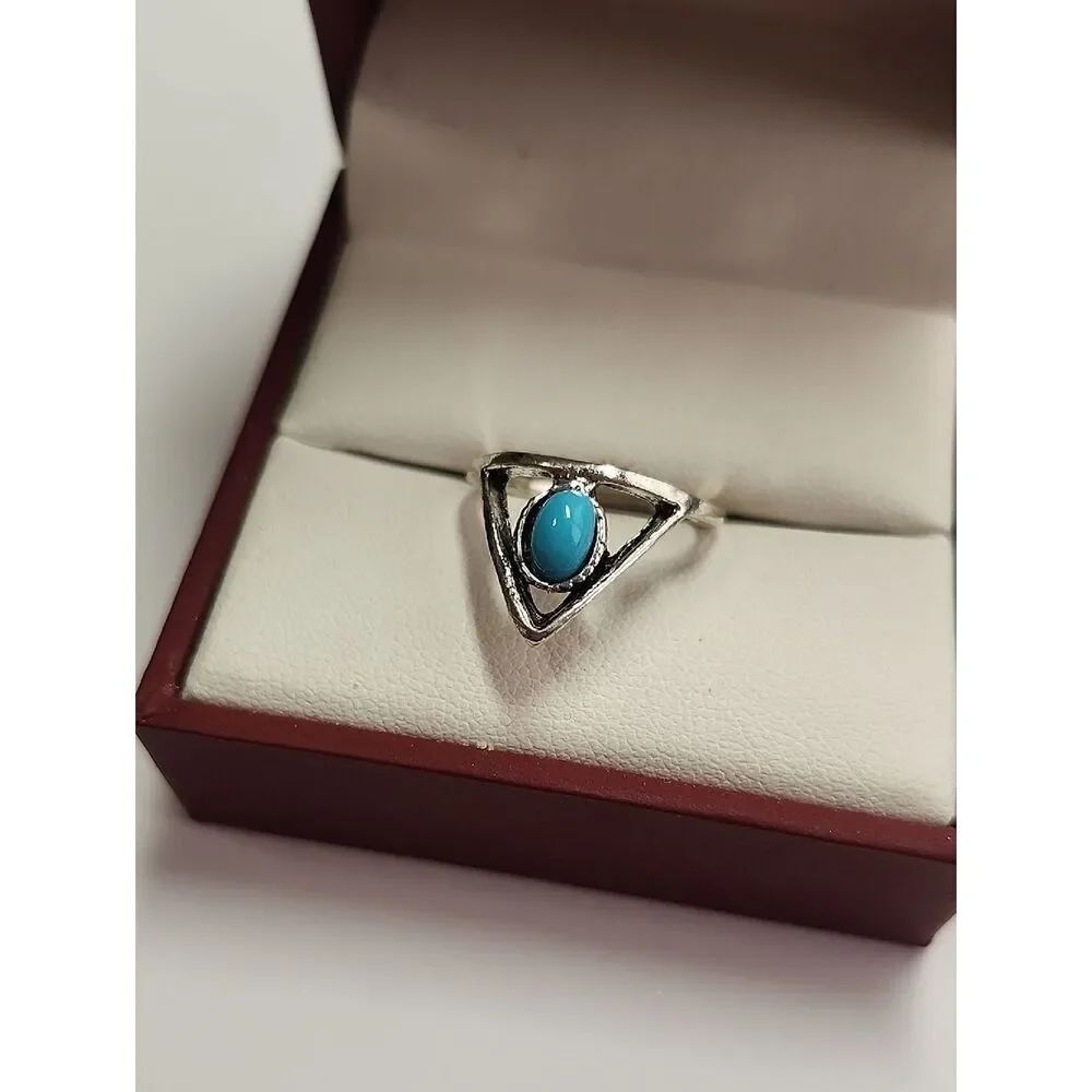 Silver Tone Faux Turquoise Cabochon Stone Costume Ring Size 4.75 Boho Fashion